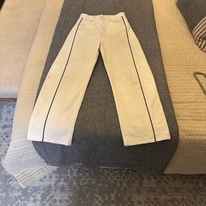 Mother The Half Piped Ankle Cream Wide-Leg Jeans with Black Side Stripe